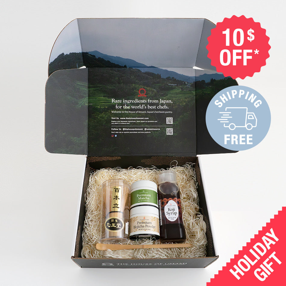 Gift box including matcha, hojicha, koji syrup, chasen, and chashaku for making traditional Japanese tea at home.