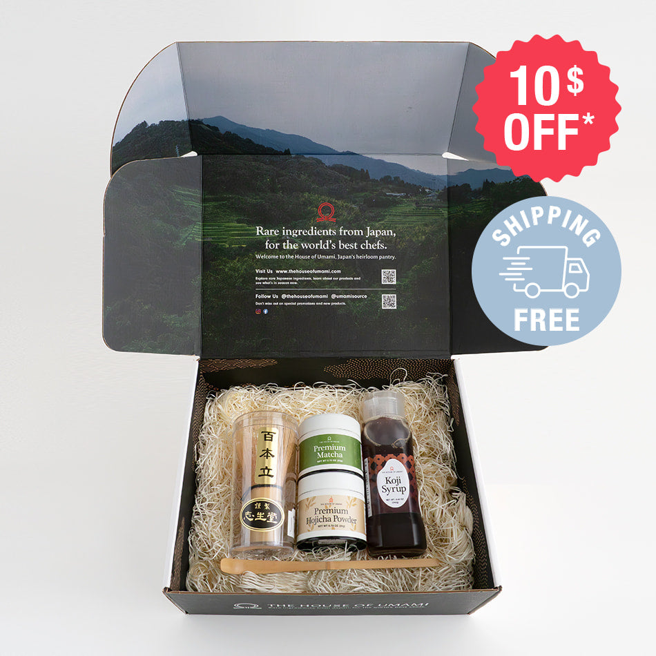 Gift box including matcha, hojicha, koji syrup, chasen, and chashaku for making traditional Japanese tea at home.